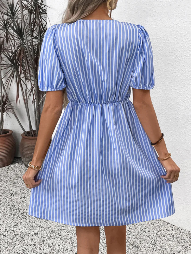 Juliette | Women’s Midi Dress | Striped Bow A-Line Round Neck