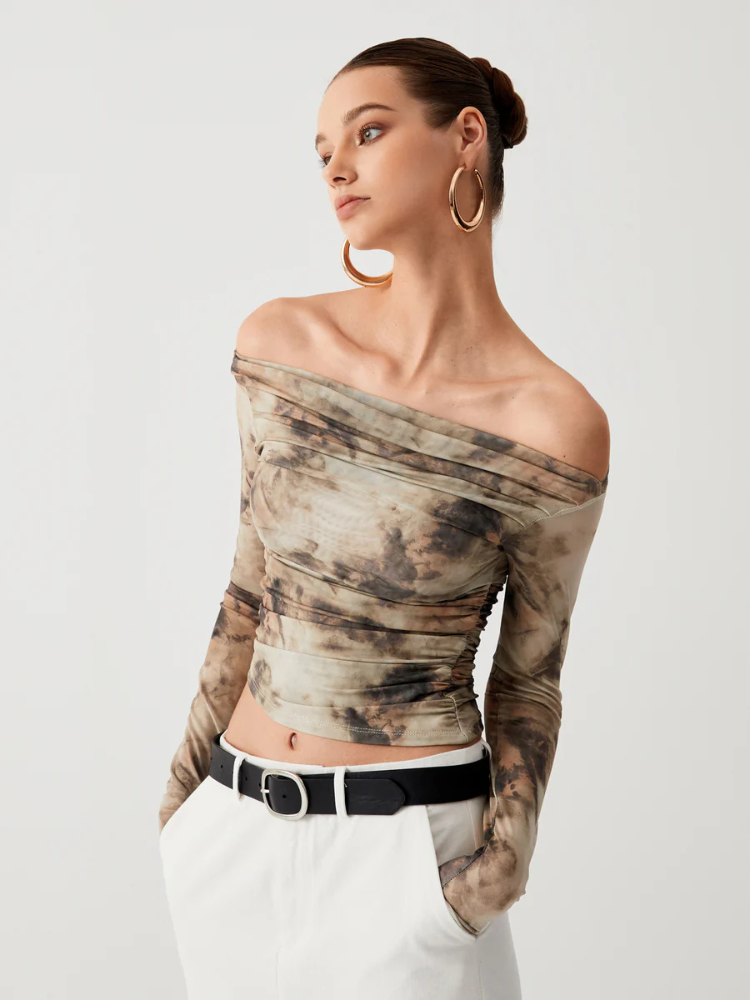 Isabelle | Women’s Crop Top | Sheer Tulle Off Shoulder Long Sleeve