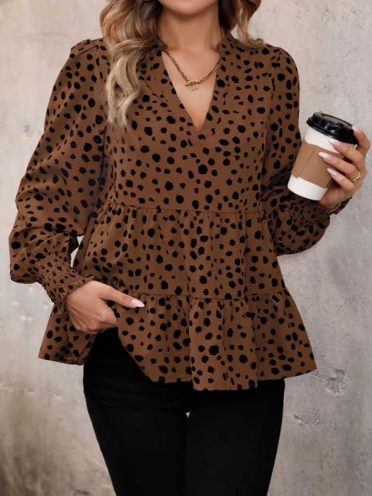 Tavira | Women’s Blouse | V-Neck Leopard Smocked Tiered