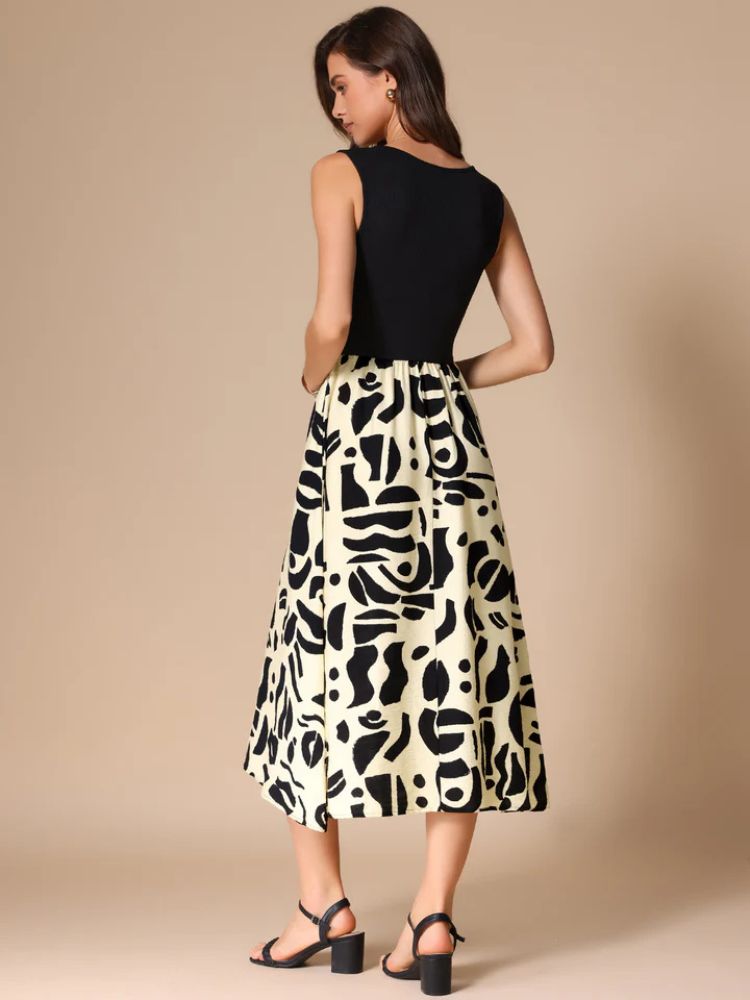 Mirelle | Women’s Midi Dress | Patchwork Graphic Sleeveless Pocketed