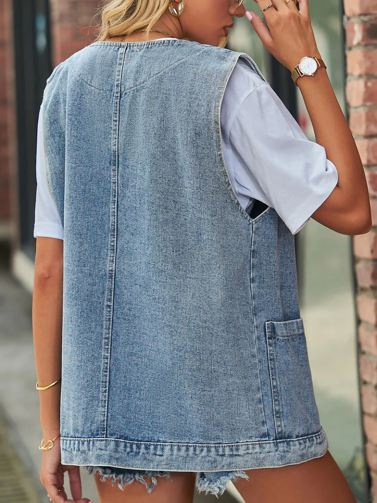 Juna | Women’s Denim Vest | Sleeveless Pocketed Button Waistcoat