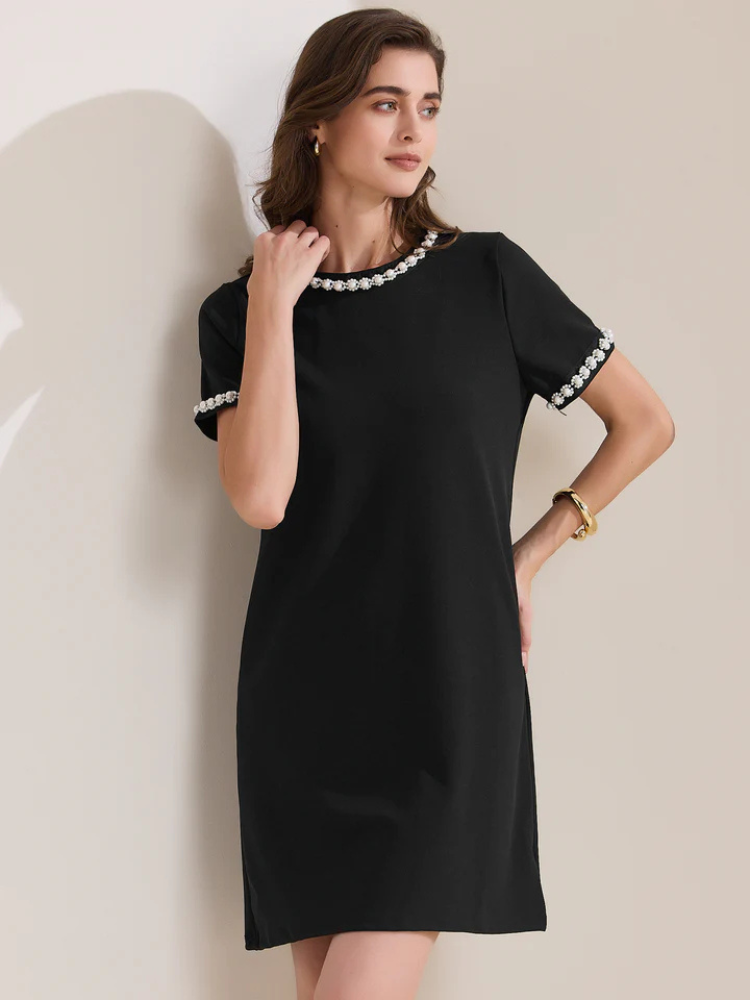 Dahlina | Women’s Dress | Faux Pearl Pocketed Crew Neck Short Sleeve