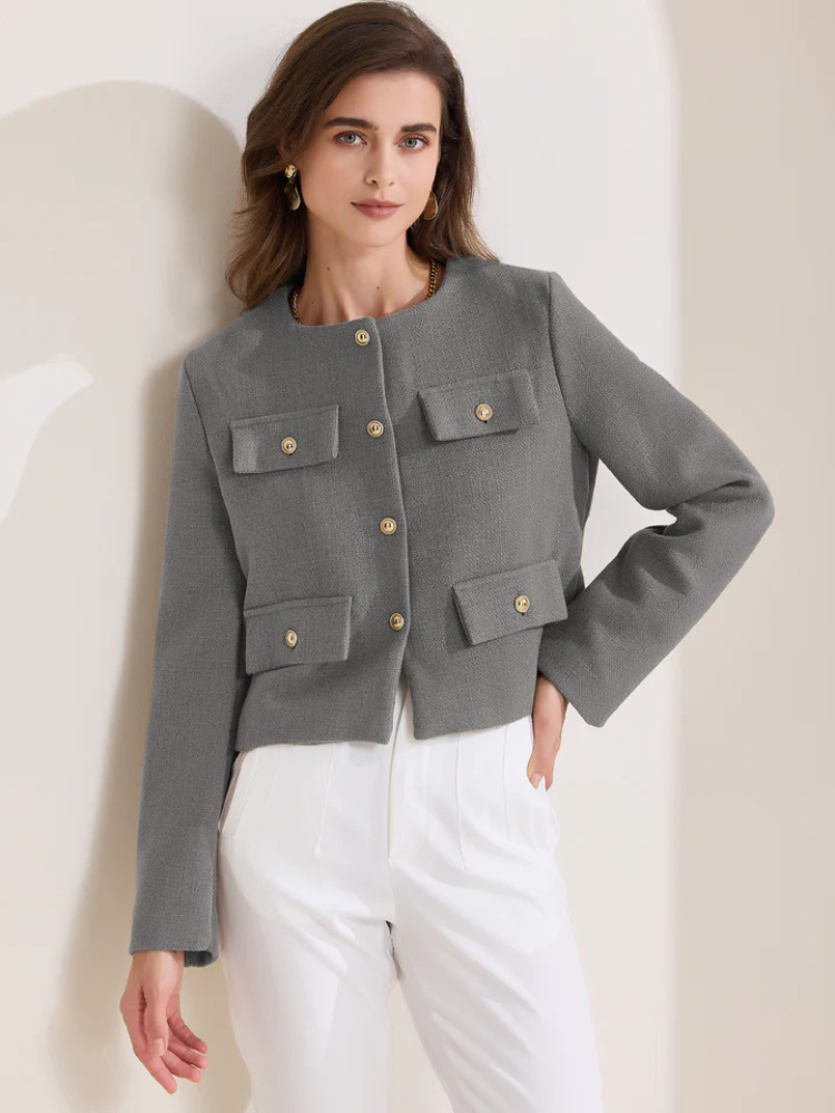 Coralie | Women’s Jacket | Cropped Tweed Round Neck Button Down
