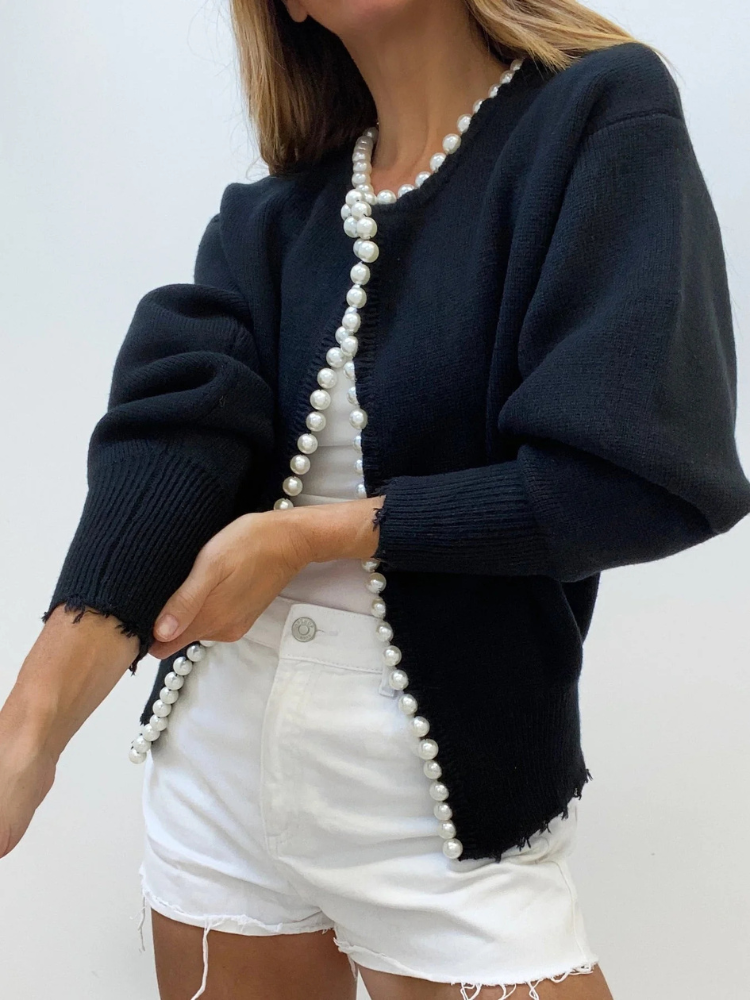 Mireille | Women’s Knit Cardigan | Pearl Trim Distressed Hem