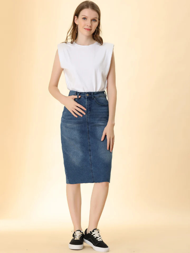 Raya | Women’s Midi Skirt | High Waist Denim Back Slit