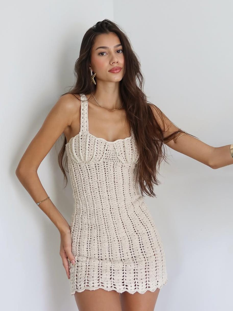 Sienna | Women’s Mesh Mini Dress | Pearl-Embellished Crochet