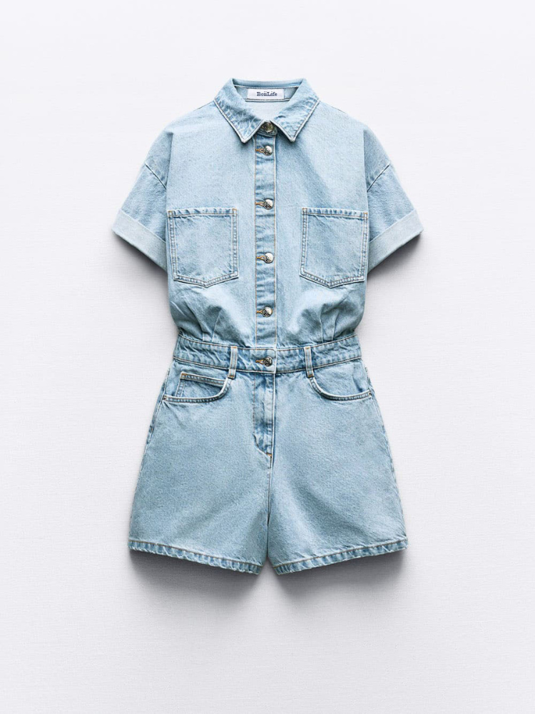Cecelia | Women’s Denim Romper | Cuffed & Fitted