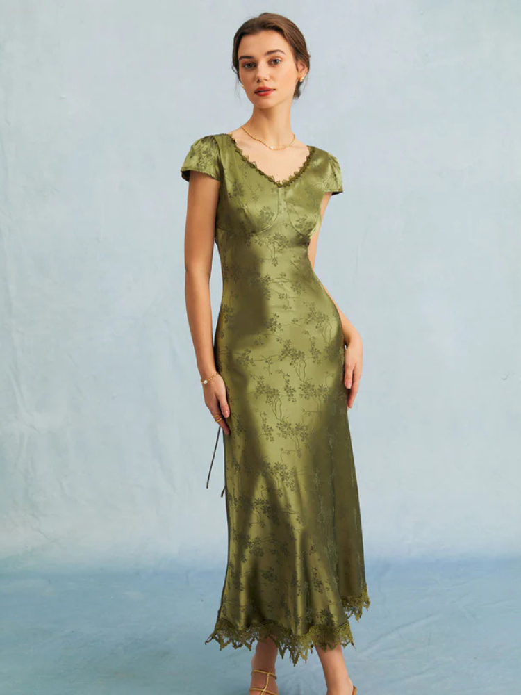 Verena | Women’s Midi Dress | Jacquard Satin Cap Sleeve Elegant