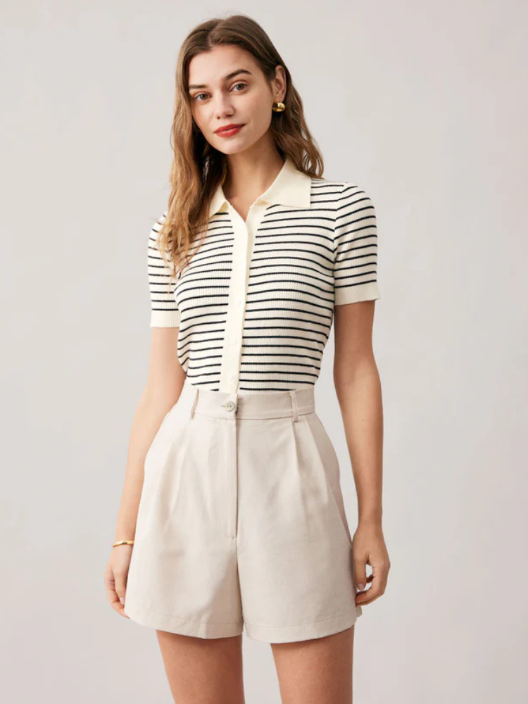 Marin | Women’s Top | Striped Knit Lapel Button-Up