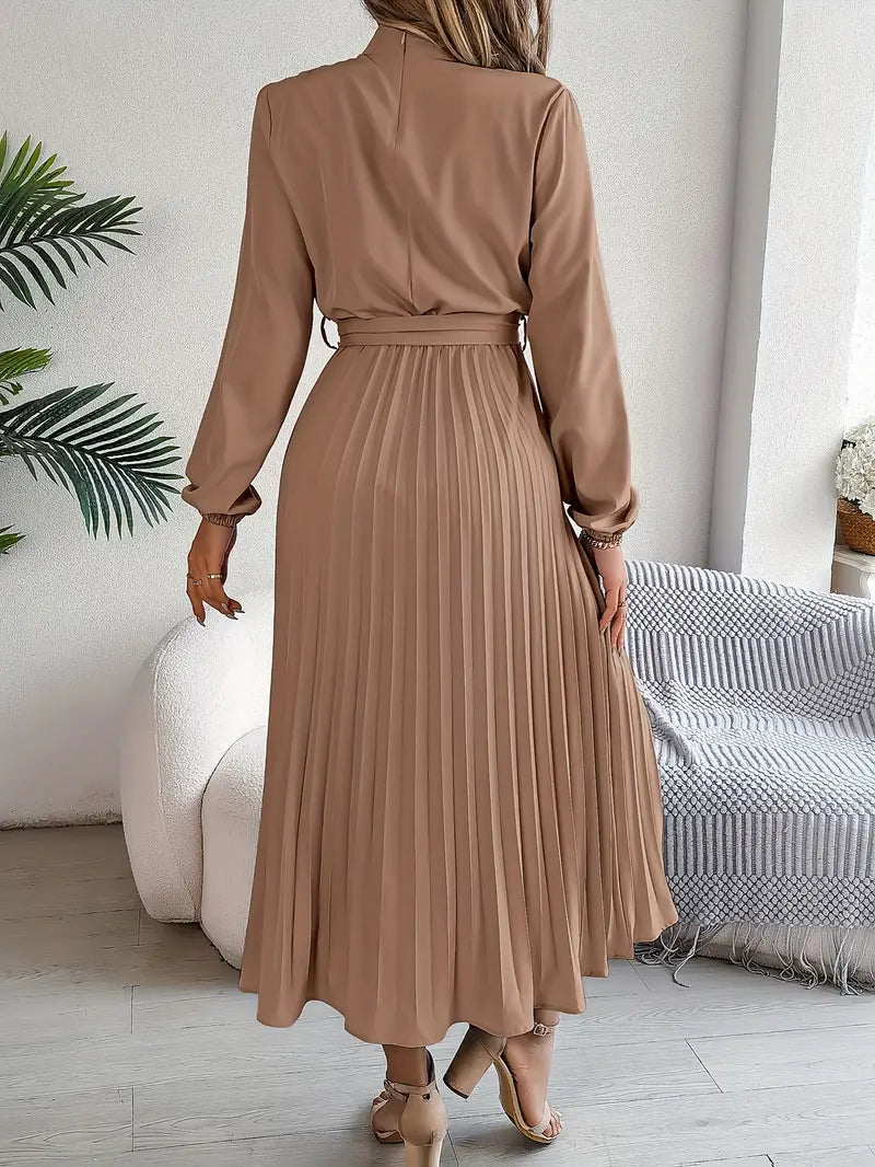 Women’s Pleated Midi Dress – Adjustable Belted Waist