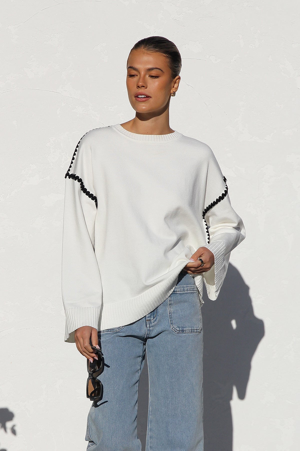 Oversized Contrast Stitch Sweater | Bell Sleeves | Modern & Chic