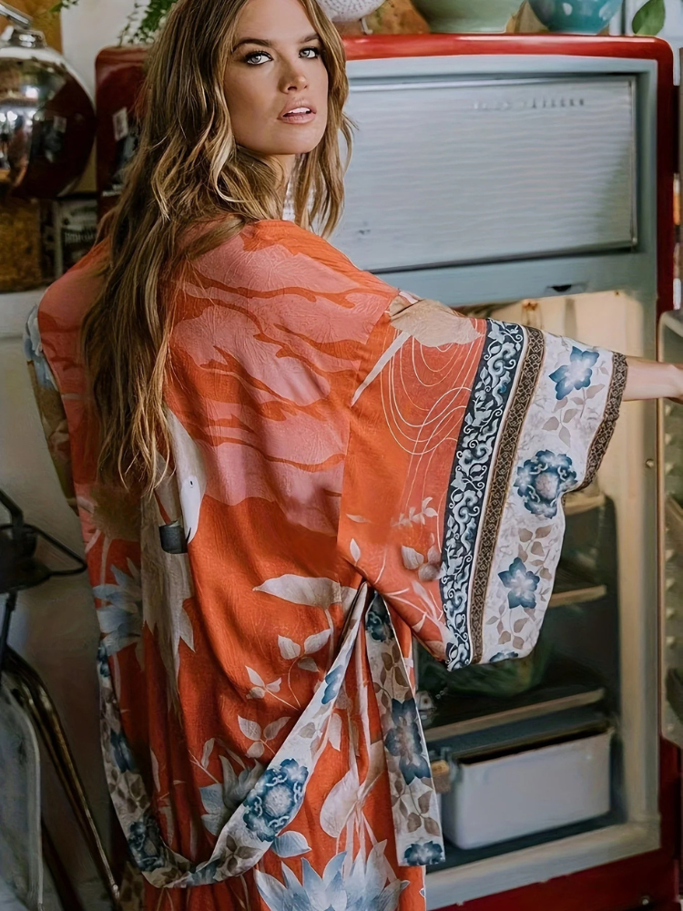 Ayaka | Women’s Kimono | Red Floral Print Lightweight Layer