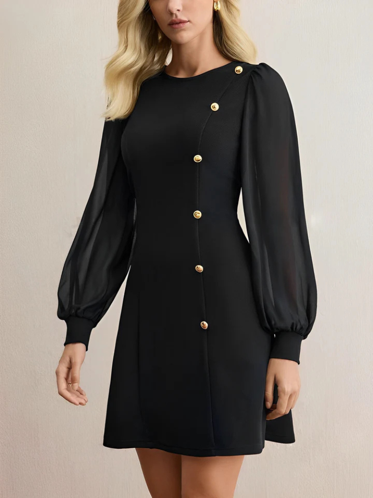 Milara | Women’s Dress | Round Neck Buttoned Long Sleeve A-Line