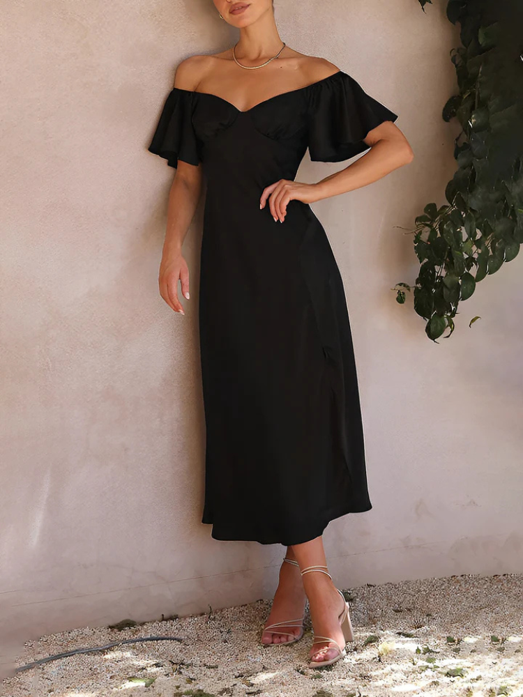 Evalisse | Women’s Midi Dress | Satin Off Shoulder Ruffled Slit Wedding