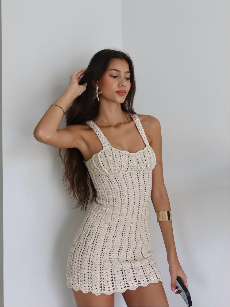 Sienna | Women’s Mesh Mini Dress | Pearl-Embellished Crochet