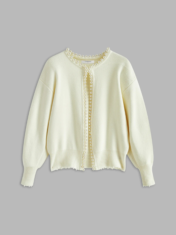 Mireille | Women’s Knit Cardigan | Pearl Trim Distressed Hem