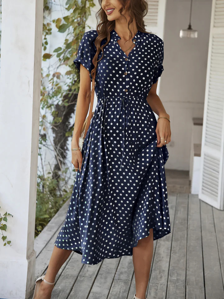 Dahlia | Women’s Midi Dress | Polka Dot Button-Up Shirt Style
