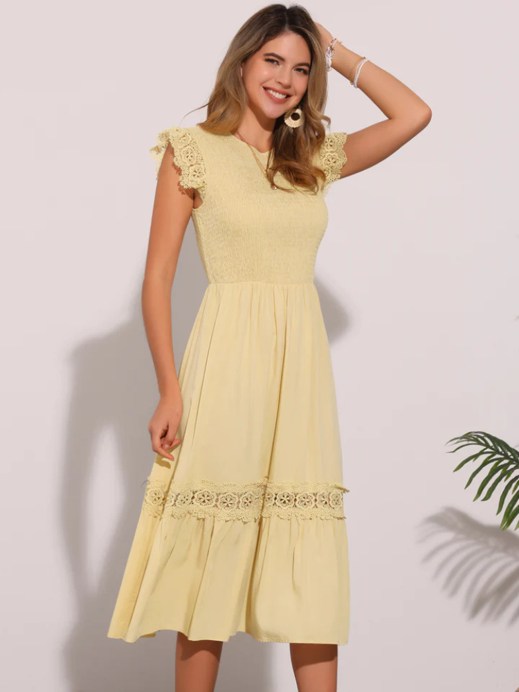 Jasmine | Women’s Dress | Lace Trim Smocked Ruffle Cap Sleeve Beach Flowy