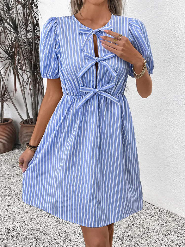 Juliette | Women’s Midi Dress | Striped Bow A-Line Round Neck