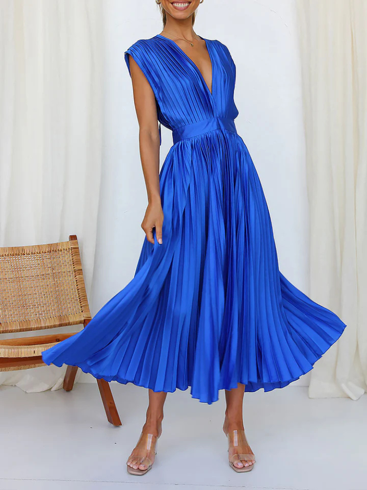 Celestine | Women’s Midi Dress | Deep V-Neck Satin Pleated Cap Sleeve