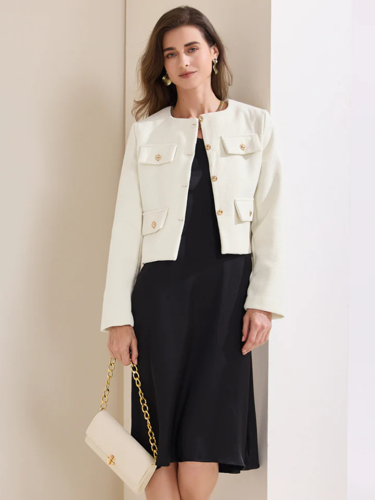 Coralie | Women’s Jacket | Cropped Tweed Round Neck Button Down