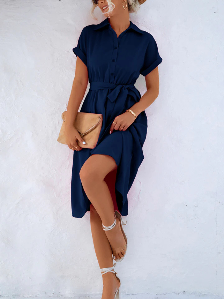 Carisse | Women’s Shirt Dress | Lace-Up Short Sleeve Solid Midi