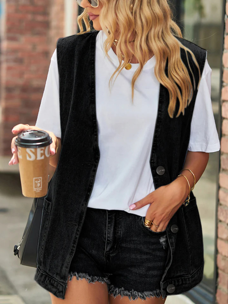 Juna | Women’s Denim Vest | Sleeveless Pocketed Button Waistcoat