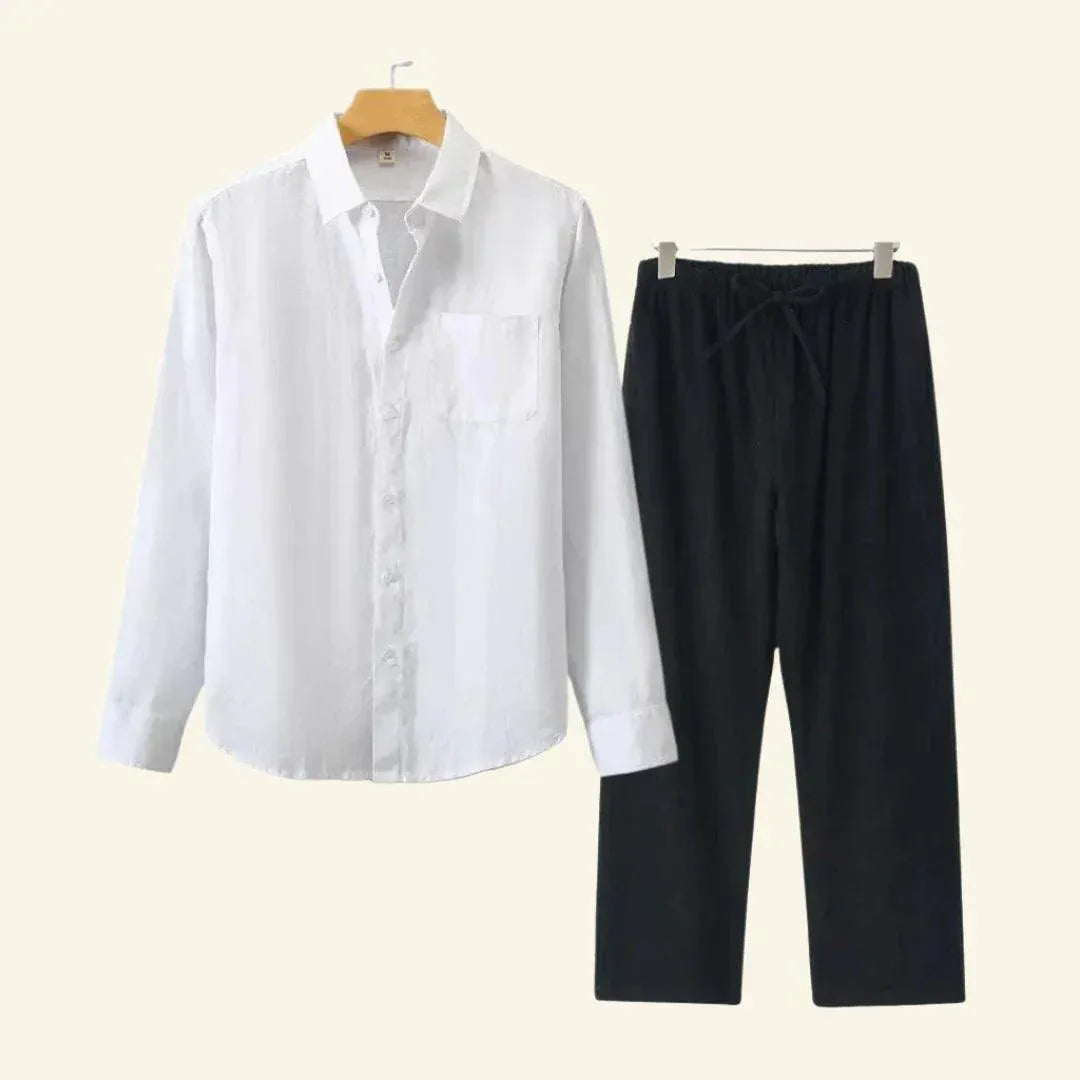 Two-piece men's set – long-sleeved blouse and fitted trousers