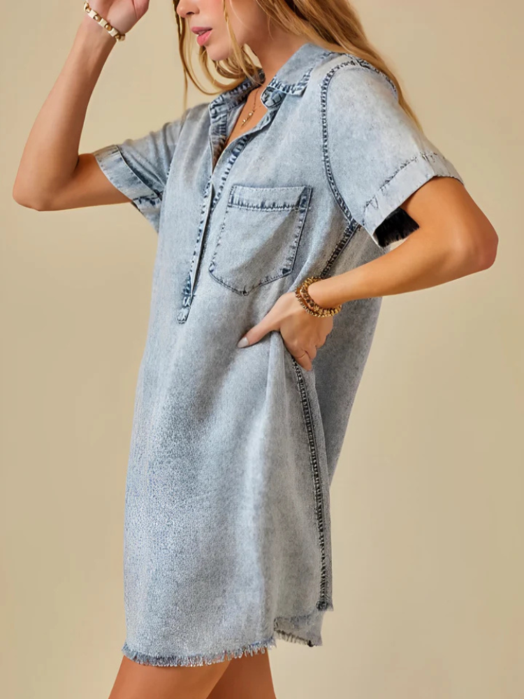 Kaelis | Women’s Mini Dress | Washed Denim Collared Short Sleeve