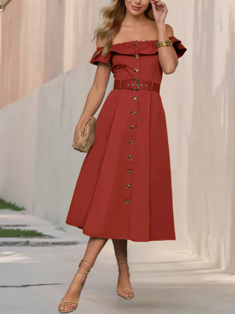 Elisette | Women’s A-Line Dress | Off Shoulder Belted Button Down