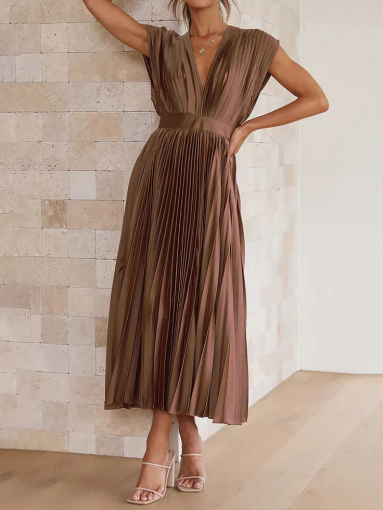Celestine | Women’s Midi Dress | Deep V-Neck Satin Pleated Cap Sleeve