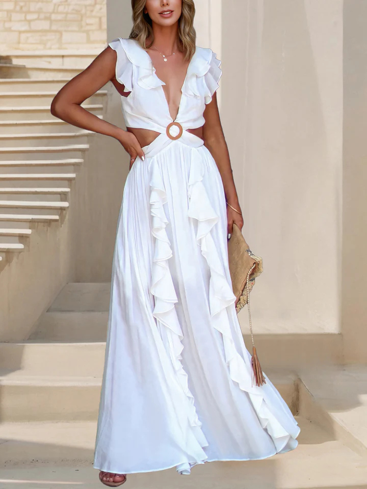 Lyanna | Women’s Maxi Dress | Boho Lace-Up Ruffled Cut-Out Slit