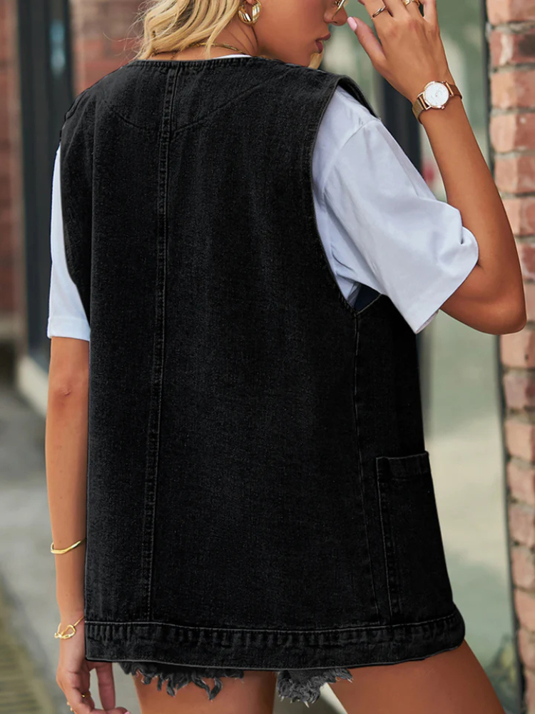 Juna | Women’s Denim Vest | Sleeveless Pocketed Button Waistcoat