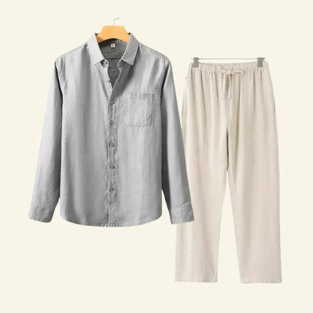 Two-piece men's set – long-sleeved blouse and fitted trousers