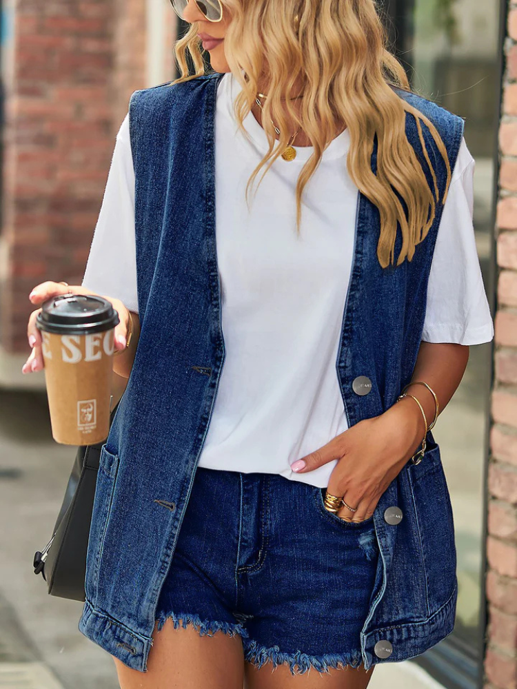 Juna | Women’s Denim Vest | Sleeveless Pocketed Button Waistcoat