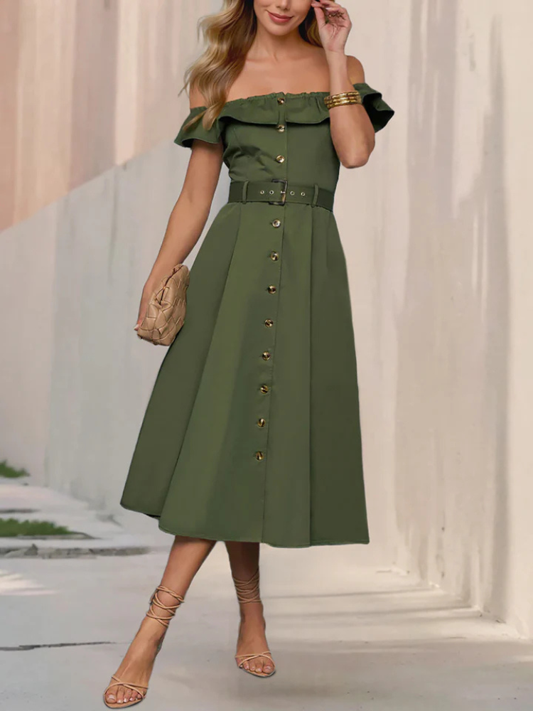 Elisette | Women’s A-Line Dress | Off Shoulder Belted Button Down