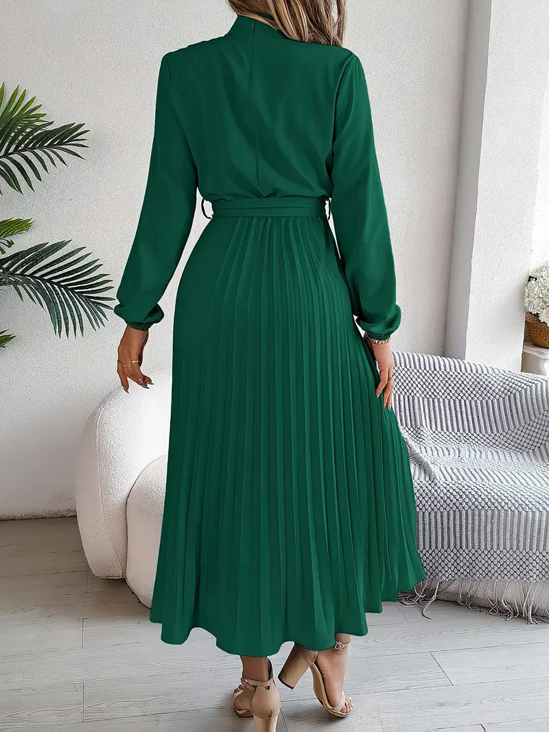 Women’s Pleated Midi Dress – Adjustable Belted Waist