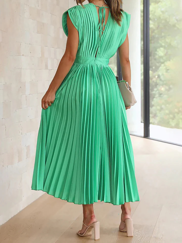Celestine | Women’s Midi Dress | Deep V-Neck Satin Pleated Cap Sleeve