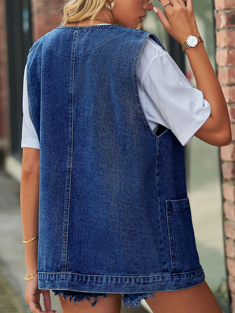 Juna | Women’s Denim Vest | Sleeveless Pocketed Button Waistcoat