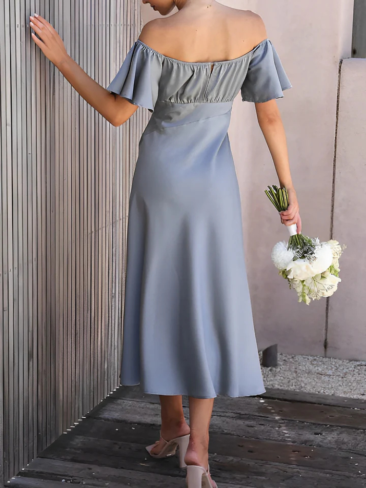 Evalisse | Women’s Midi Dress | Satin Off Shoulder Ruffled Slit Wedding