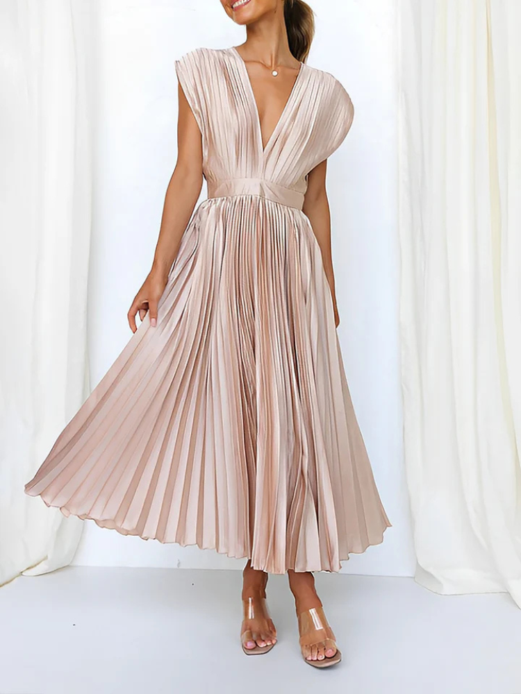 Celestine | Women’s Midi Dress | Deep V-Neck Satin Pleated Cap Sleeve