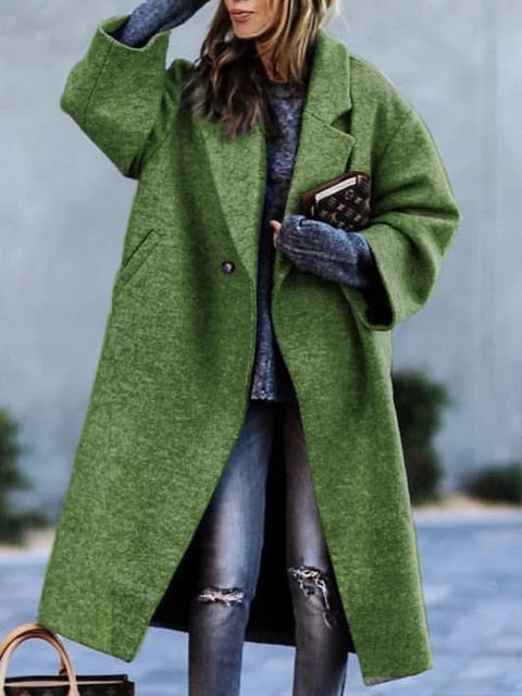 Women’s Long Coat - Lapel Collar Outerwear Button Closure