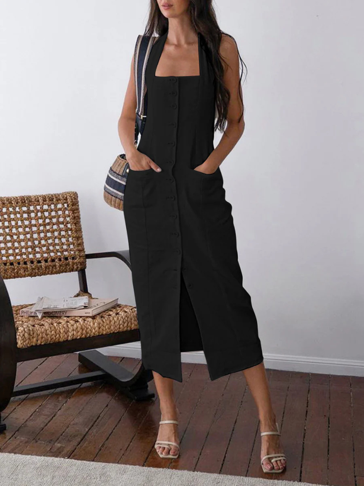 Alinae | Women’s Midi Dress | Open Back Cotton-Linen Flow