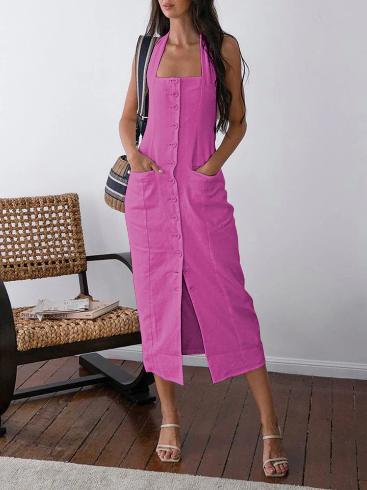 Alinae | Women’s Midi Dress | Open Back Cotton-Linen Flow