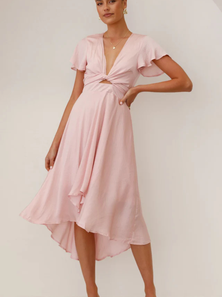Bethany | Women’s Dress | Satin High-Low Butterfly Sleeve Fit