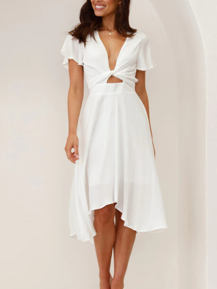 Bethany | Women’s Dress | Satin High-Low Butterfly Sleeve Fit