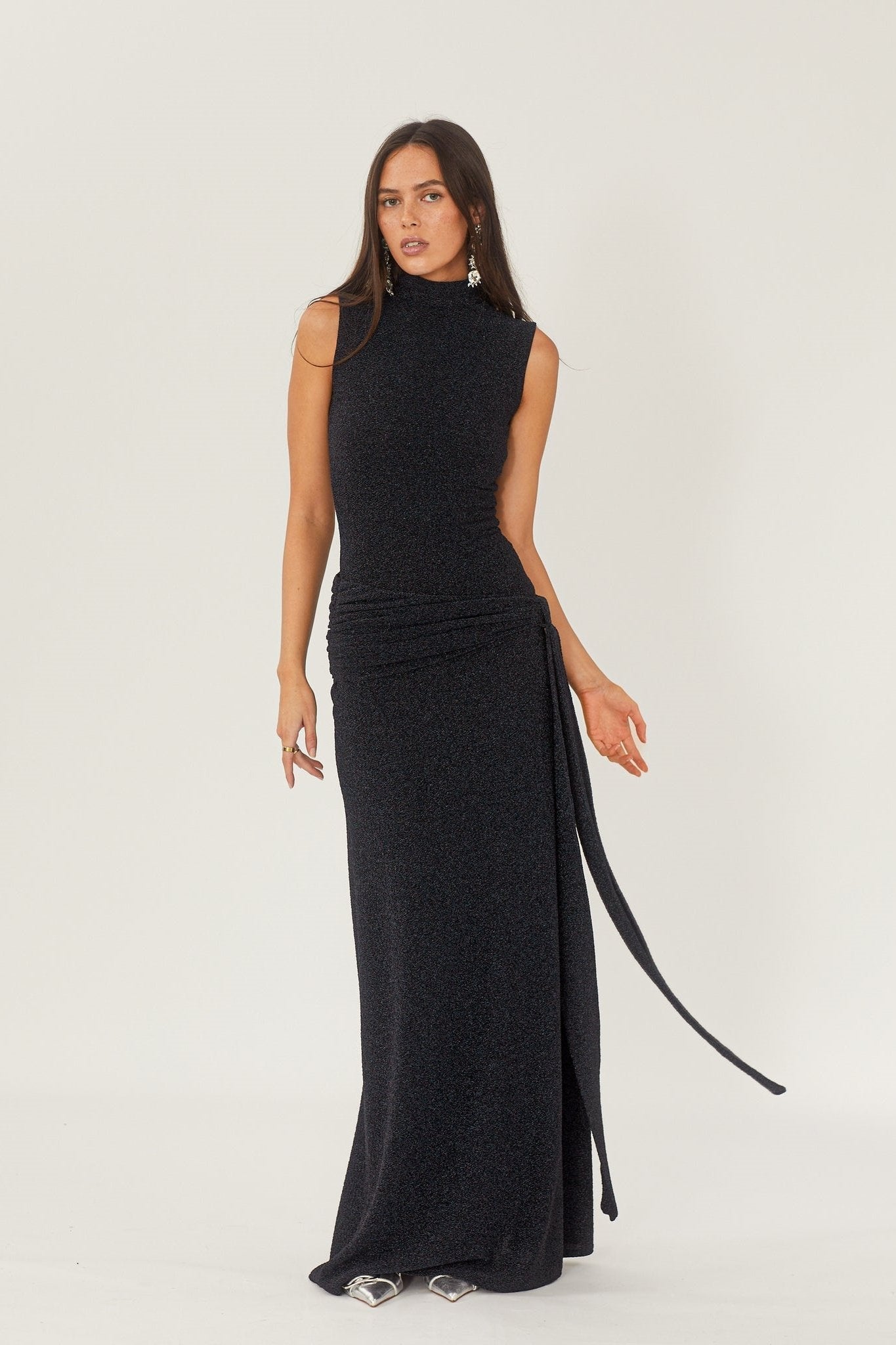 Black High-Neck Maxi Dress | Elegant | Waist Tie Detail