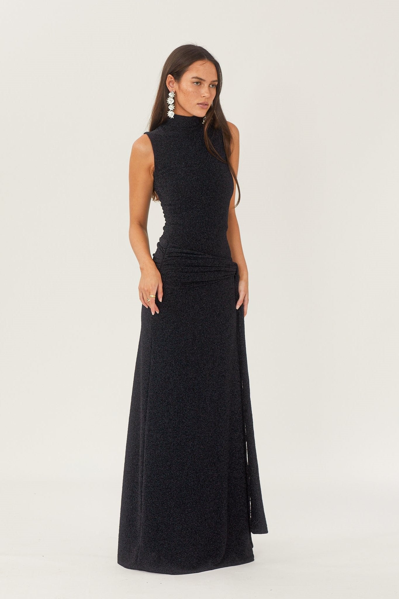 Black High-Neck Maxi Dress | Elegant | Waist Tie Detail
