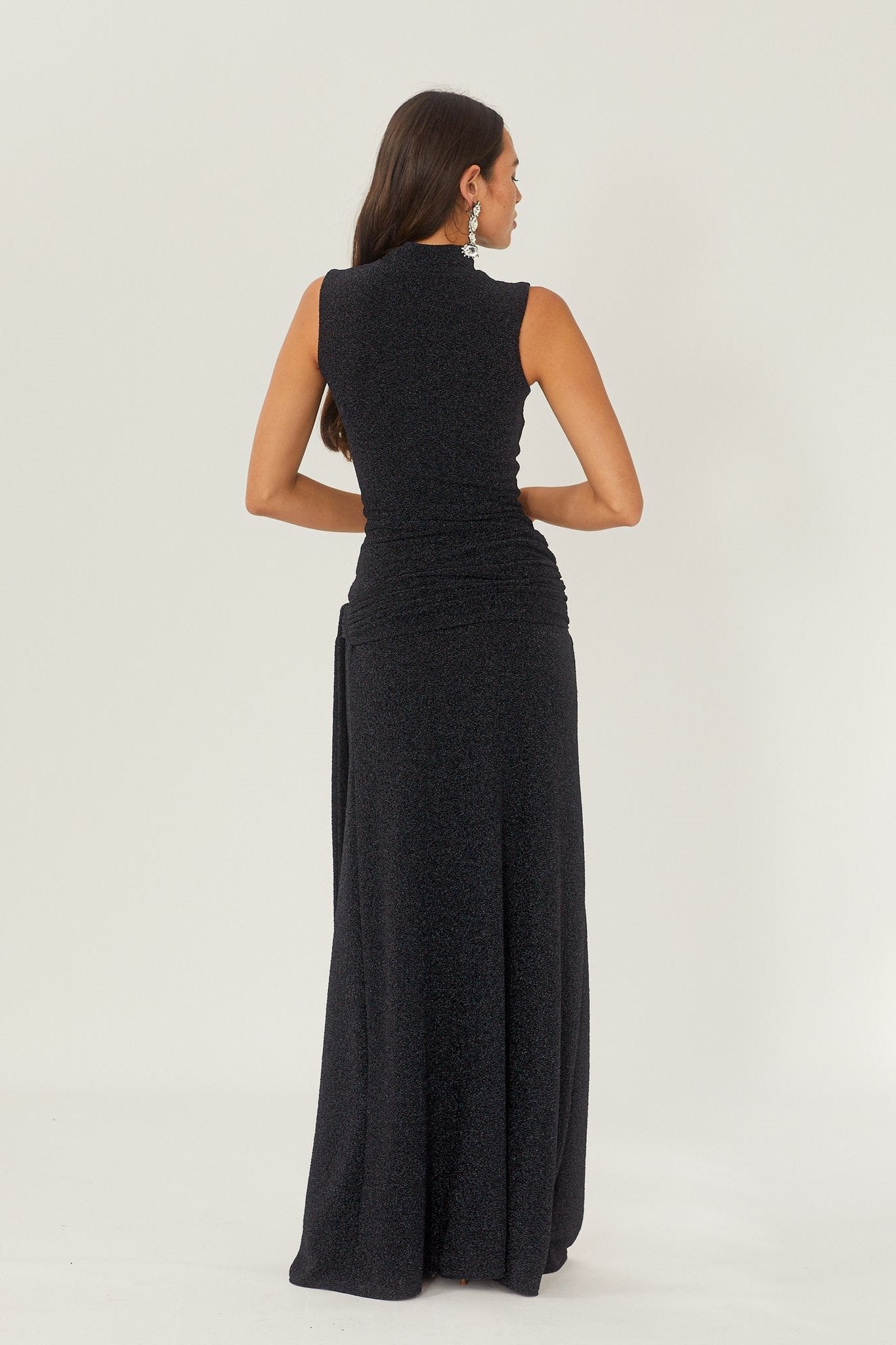 Black High-Neck Maxi Dress | Elegant | Waist Tie Detail