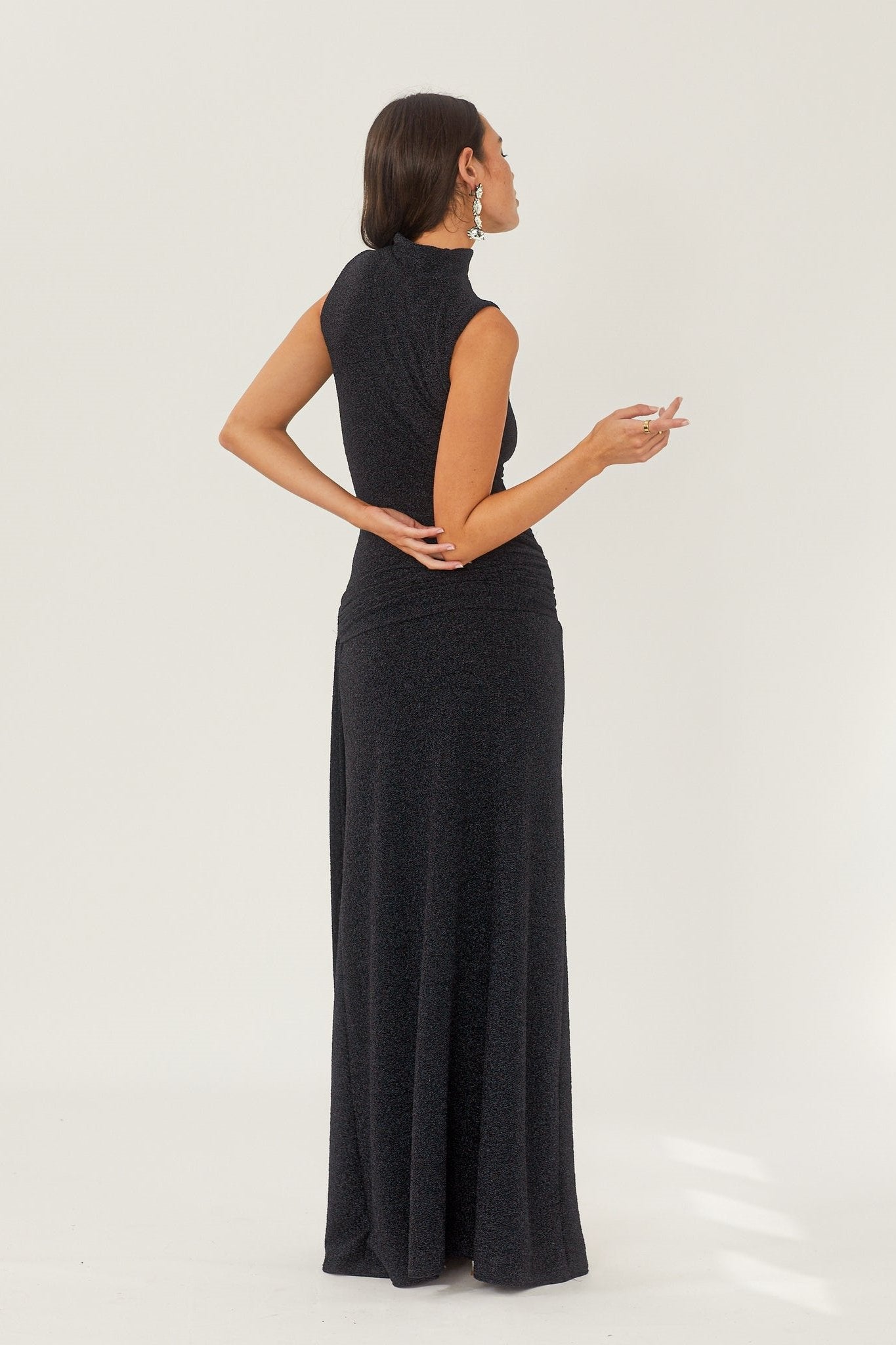 Black High-Neck Maxi Dress | Elegant | Waist Tie Detail